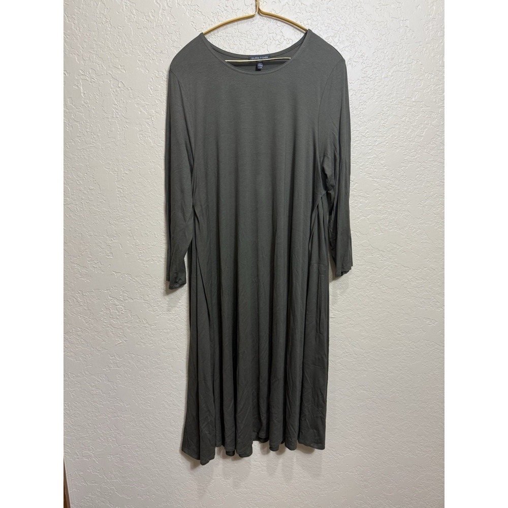 Eileen Fisher Jersey Knit Olive Green Slub Dress Long Sleeve Pockets Sz L